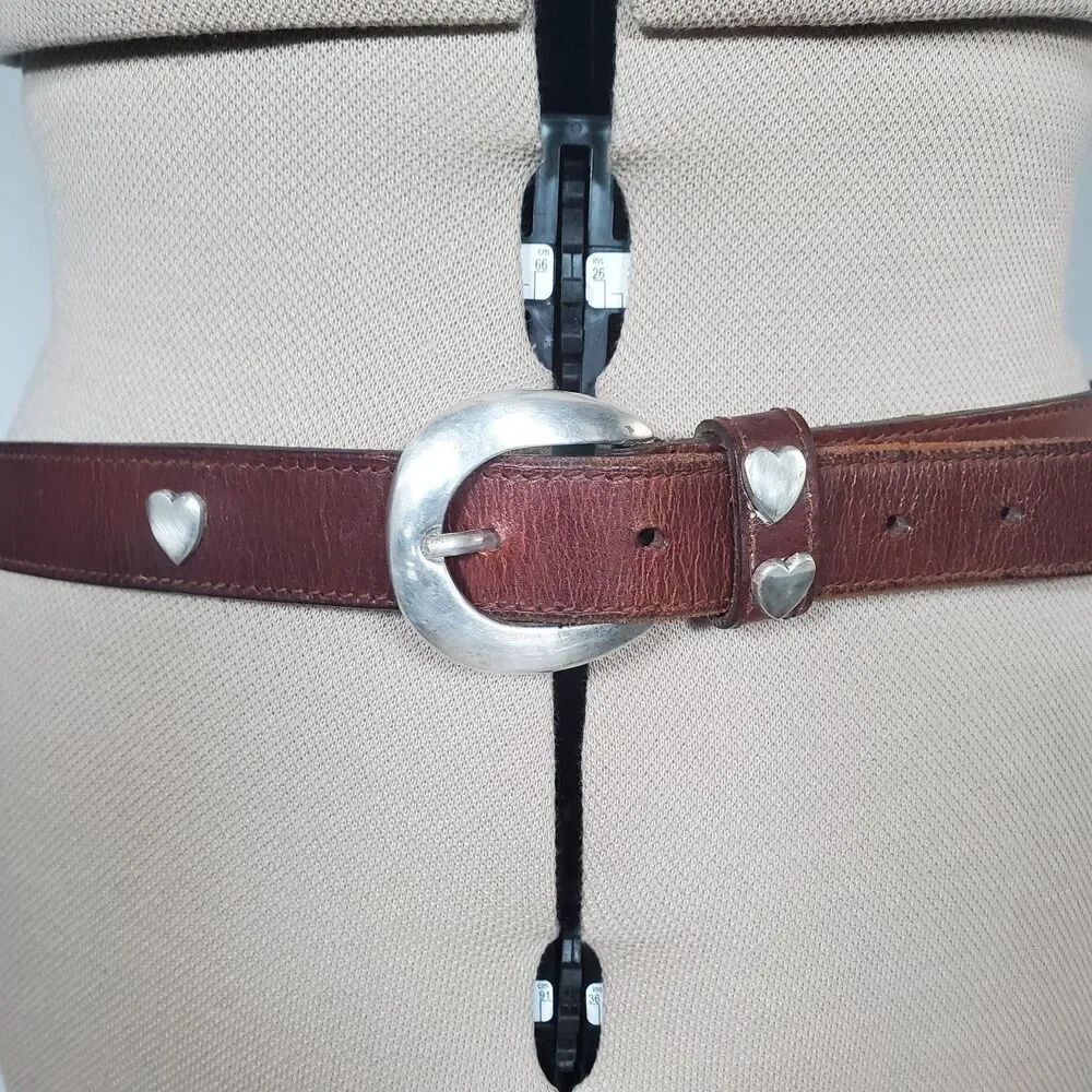 VTG Women’s Brown Leather Belt Large Solid Brass Buckle Heart Studs 33.5 - 37.5